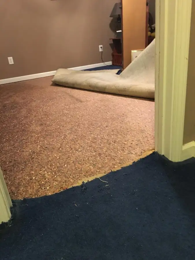 Carpet pad removal revealing water damage during Water Mitigation Services in Atascadero